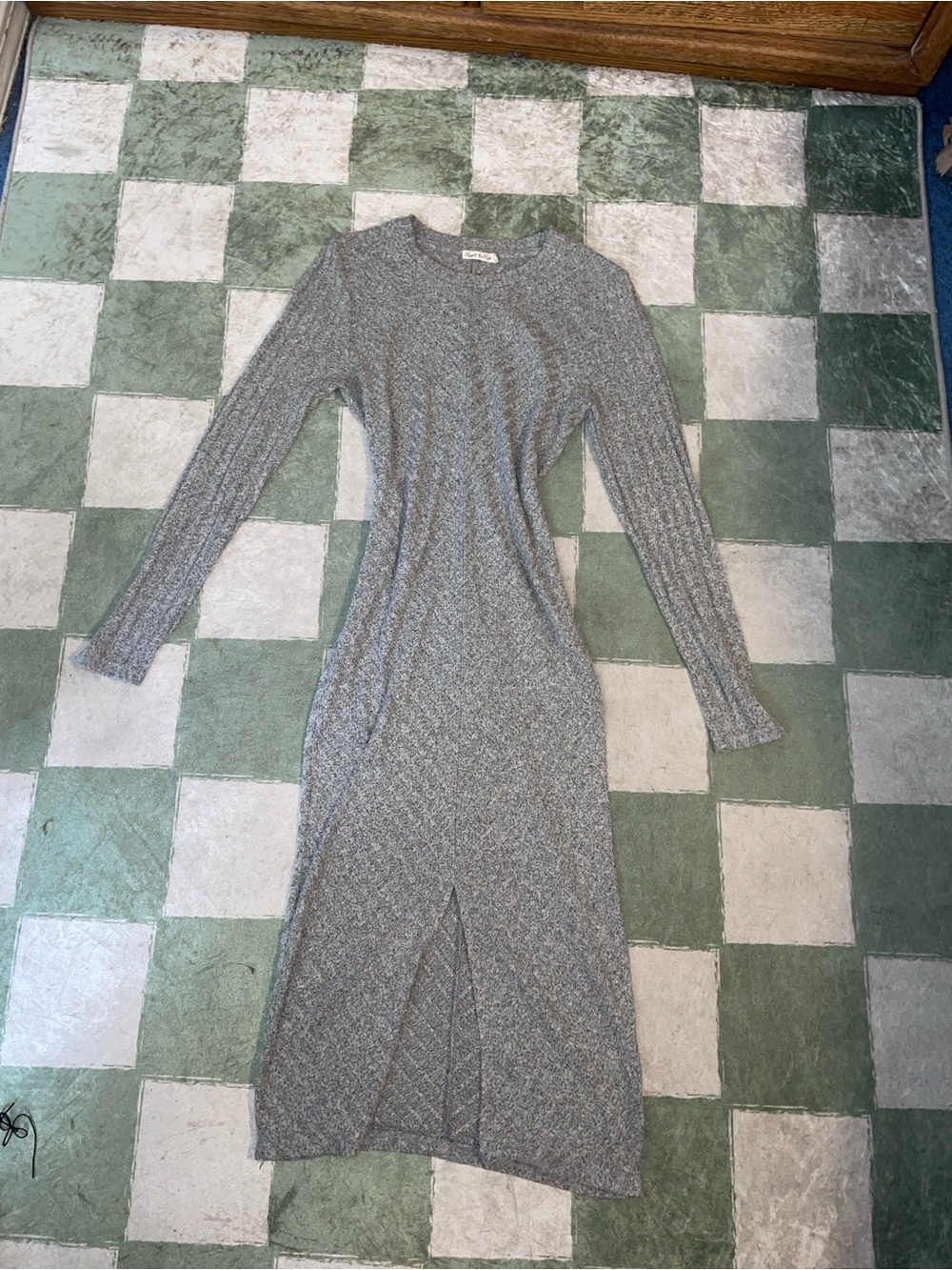 Long Sleeve Gray Knit Midi Dress with Front Slit